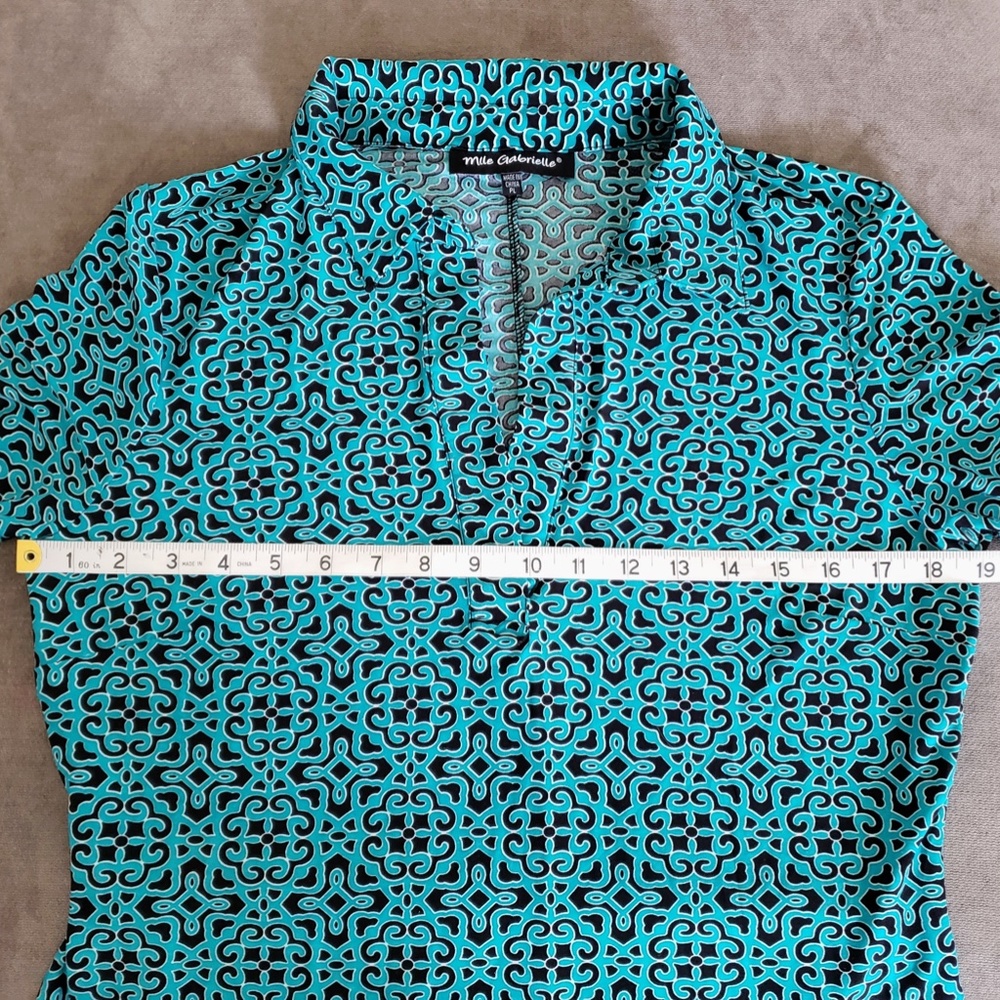 Mlle Gabrielle Black & Aqua Aztec Print Jersey Knit Belted Shift Dress - Size PL - Picture 9 of 10
